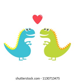 Dinosaur love couple set isolated on white background. Red heart. Happy Valentines Day. Love card. Cute cartoon funny dino baby character. Flat design. Blue and green color. Vector illustration