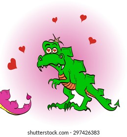 Dinosaur in love with girlfriend hearts fluttering around