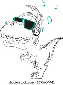 dinosaur lover in headphones listens to music