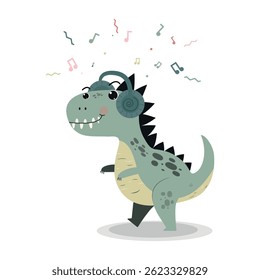 Dinosaur loves music vector illustration . Picture for children's clothes . Party invitation . Dino's birthday.