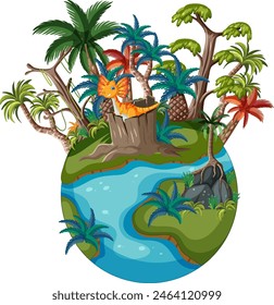 A dinosaur in a lush, tropical jungle