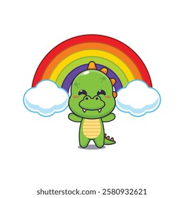 dinosaur mascot cartoon character vector illustration with rainbow.
design element for poster, brochure, web, mascot, sticker, logo and icon.
