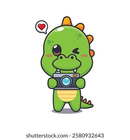 dinosaur mascot cartoon character vector illustration with camera.
Design element for poster, brochure, web, mascot, sticker, logo and icon.