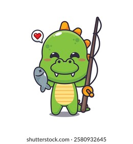 dinosaur mascot cartoon character vector illustration catching fish with fishing rod.
design element for poster, brochure, web, mascot, sticker, logo and icon.