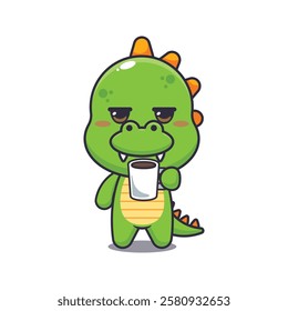 dinosaur mascot cartoon character vector illustration is tired and sleepy holding coffee. 
design element for poster, brochure, web, mascot, sticker, logo and icon.