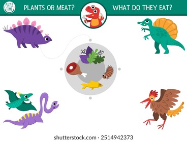 Dinosaur matching activity with cute animals and food they eat. Prehistoric puzzle with pterosaur, stegosaur. Match up game or printable worksheet with carnivorous and herbivorous dinos 
