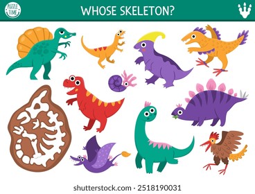 Dinosaur matching activity with cute animals and triceratops skeleton. Prehistoric puzzle with T-rex, velociraptor. Match and circle the bones game. Dino land printable worksheet, match up page
