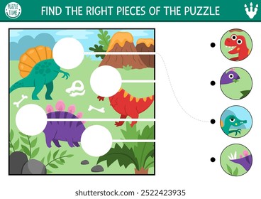 Actividad de emparejamiento de dinosaurios con T-rex, spinosaurus, estegosaurio, volcán. Puzzle prehistórico, juego, hoja de cálculo imprimible. Página de coincidencia de Dino Land. Encontrar partes faltantes de la imagen
