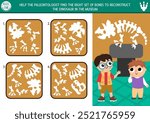 Dinosaur matching and logical activity with set of bones and triceratops. Assemble the dino bones puzzle. Match the parts and whole object printable worksheet. Paleontology museum game
