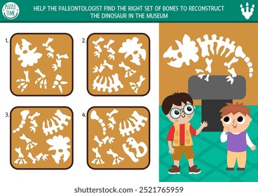 Dinosaur matching and logical activity with set of bones and triceratops. Assemble the dino bones puzzle. Match the parts and whole object printable worksheet. Paleontology museum game
