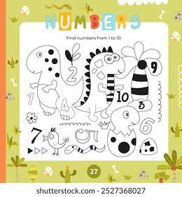Dinosaur math activities for kids. Find numbers from 1 to 10. Vector illustration. Square page for Dino Activity Book.