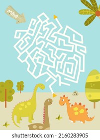 Dinosaur Maze game for children. Help Dinosaurs find correct way. Vector illustration. Dino labyrinth for kids activity book.