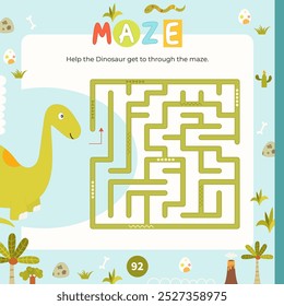 Dinosaur Maze game for children. Help Dino find correct path in maze. Vector illustration. Labyrinth for kids activity book. Book square format.