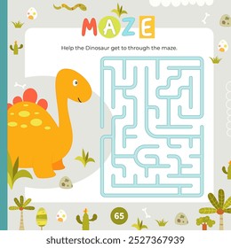 Dinosaur Maze game for children. Help Little Dino find correct path in maze. Vector illustration. Labyrinth for kids. Book square format. Page for activity book.