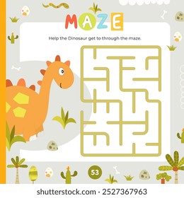 Dinosaur Maze game for children. Help Cute Dino find correct path in maze. Vector illustration. Labyrinth for kids. Book square format. Page for activity book.