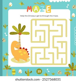 Dinosaur Maze game for children. Help Dino find correct path in maze. Vector illustration. Labyrinth quest for kids. Book square format. Page for activity book.