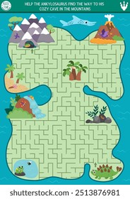 Dinosaur maze for kids with cute animals and ancient world landscape. Prehistoric preschool printable activity. Dino land geometric labyrinth game, puzzle. Help ankylosaur find way to his cave
