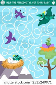 Dinosaur maze for kids with cute animals and ancient world landscape, nest, pterosaur. Prehistoric preschool printable activity. Dino land labyrinth game, puzzle. Help pterodactyl get to his baby
