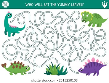 Dinosaurierlabyrinth für Kinder mit niedlichen Tieren. Vorgeschichtliche druckbare Aktivität im Vorschulalter mit Brachiosauriern, Triceratops, Stegosaurus. Dino Land Labyrinth Spiel, Puzzle. Wer isst leckere Blätter
