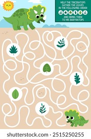 Dinosaur maze for kids with cute animals and ancient world landscape. Prehistoric preschool printable activity. Dino land labyrinth game, puzzle. Help triceratops bring leaves to his baby
