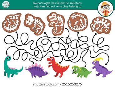 Laberinto de dinosaurios para niños con animales lindos y sus esqueletos. Simple actividad preescolar prehistórica imprimible. Dino juego de laberinto de la tierra, rompecabezas con paleontólogo, T-rex, estegosaurio, triceratops