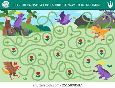 Dinosaur maze for kids with cute animals and ancient world landscape, pterosaur. Prehistoric preschool printable activity. Dino land labyrinth game, puzzle. Help parasaurolophus get to his girlfriend
