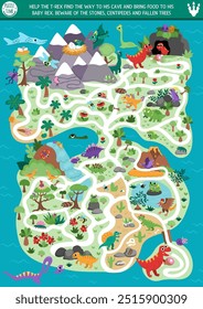 Dinosaur maze for kids with cute animals and ancient world landscape or map. Prehistoric preschool printable activity. Dino land labyrinth game, puzzle. Help T-rex bring food to his baby
