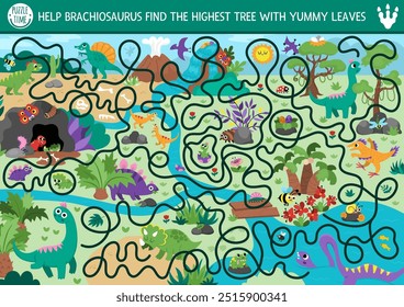 Dinosaur maze for kids with cute animals and ancient world landscape. Prehistoric preschool printable activity. Dino land labyrinth game, puzzle. Help brachiosaurus find tree with yummy leaves
