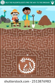 Dinosaur maze for kids with cute paleontologists. Prehistoric preschool printable activity with boys on a dig. Dino land geometric labyrinth game with soil, ground, archaeologists, fossils, skeleton
