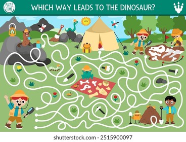 Dinosaurier Labyrinth für Kinder mit niedlichen Paläontologen. Vorgeschichtliche druckbare Vorschulaktivität mit Jungen und Mädchen auf einer Grabung. Dino Land Labyrinth Spiel mit Archäologen, Fossilien, Skelette, Camping-Zelt
