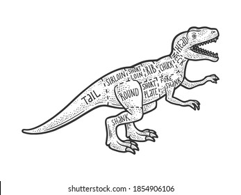 Dinosaur meat scheme Cut of beef sketch engraving vector illustration. T-shirt apparel print design. Scratch board imitation. Black and white hand drawn image.