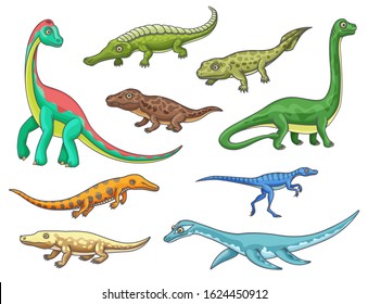 Dinosaur Monster Animal Icons Of Cartoon Dino Reptiles. Prehistoric Brachiosaurus, Mesosaurus, Erythrosuchus And Eoraptor, Ichthyostega, Omeisaurus And Ambulocetus, Sarcosuchus And Pliosauroidea