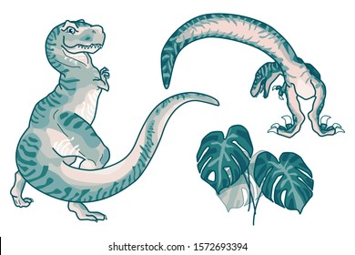 Dinosaur monstera set, t rex utahraptor white isolated, green raptor, stock vector illustration