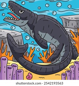 Dinosaur Mosasaurus Colored Cartoon Illustration