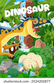 Madre de dinosaurio con huevos de dinosaurio en la selva, lagarto prehistórico de dibujos animados, cartel de Vector para niños. Madre del dinosaurio del neovenator con los huevos del bebé en bosque jurásico del parque con las palmeras y la cascada de la montaña