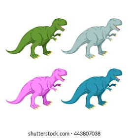 Dinosaur multicolored set. Pink Tyrannosaurus Rex. Blue prehistoric reptile. Ancient predator. Animal Jurassic with big teeth. Aggressive beast. Terrible, angry lizard Polynesian era