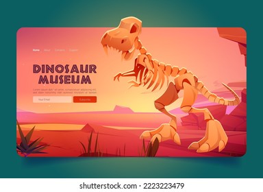 Dinosaur museum cartoon landing page. Historical Educational prehistory online portal interface with trex skeleton. Paleontology studying, virtual exhibition, ticket booking service Vector web banner