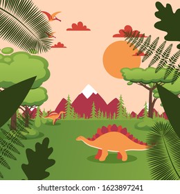 Dinosaur in natural landscape, prehistoric animal in Jurassic park, simple cartoon vector illustration. Prehistoric nature, trees and mountains, dino world ancient reptiles in meadow valley landscape