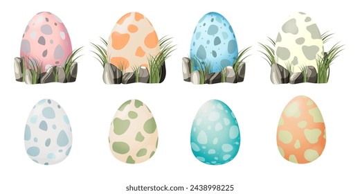 Dinosaur nest with eggs. Set of spotted reptile eggs. Nest of rocks and grass in cartoon style isolated on white background. Vector illustration