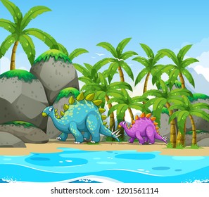 Dinosaur next to the beach illustration