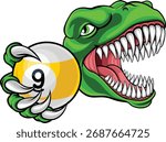Dinosaur nine ball pool billiards sports mascot holding a 9 ball cartoon illustration