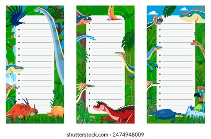 Dinosaur notepad. Vector vibrant dino-themed vertical pages with prehistoric creatures in lush jungle forest. Lined sheets for writing notes with colorful, playful reptiles, kids stationery supplies