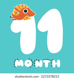 Dinosaur with number eleven. Color cute card character illustration. Hand drawn cute dino sticker on colored background. Perfect for celebrating a birthday, a month of age