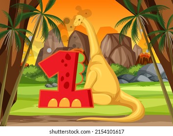 A dinosaur with number one cartoon illustration