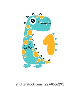 Dinosaur with number one. Color cute nursery card character illustration. Vector dino cartoon doodle isolated on white background. Perfect for celebrating a birthday, a month of age