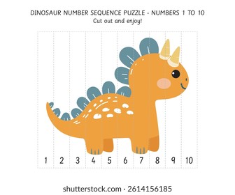 Dinosaur Number Sequence Puzzle 1 to 10 - Preschool Math Cutting Activity Printable