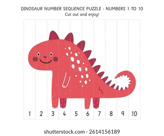 Dinosaur Number Sequence Puzzle 1 to 10 - Preschool Math Cutting Activity Printable