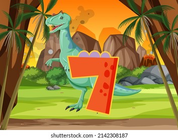 A dinosaur with number seven cartoon illustration