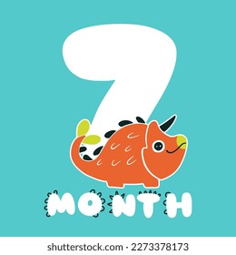 Dinosaur with number seven. Color cute card character illustration. Hand drawn cute dino sticker on colored background. Perfect for celebrating a birthday, a month of age