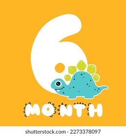 Dinosaur with number six. Color cute card character illustration. Hand drawn cute dino sticker on colored background. Perfect for celebrating a birthday, a month of age